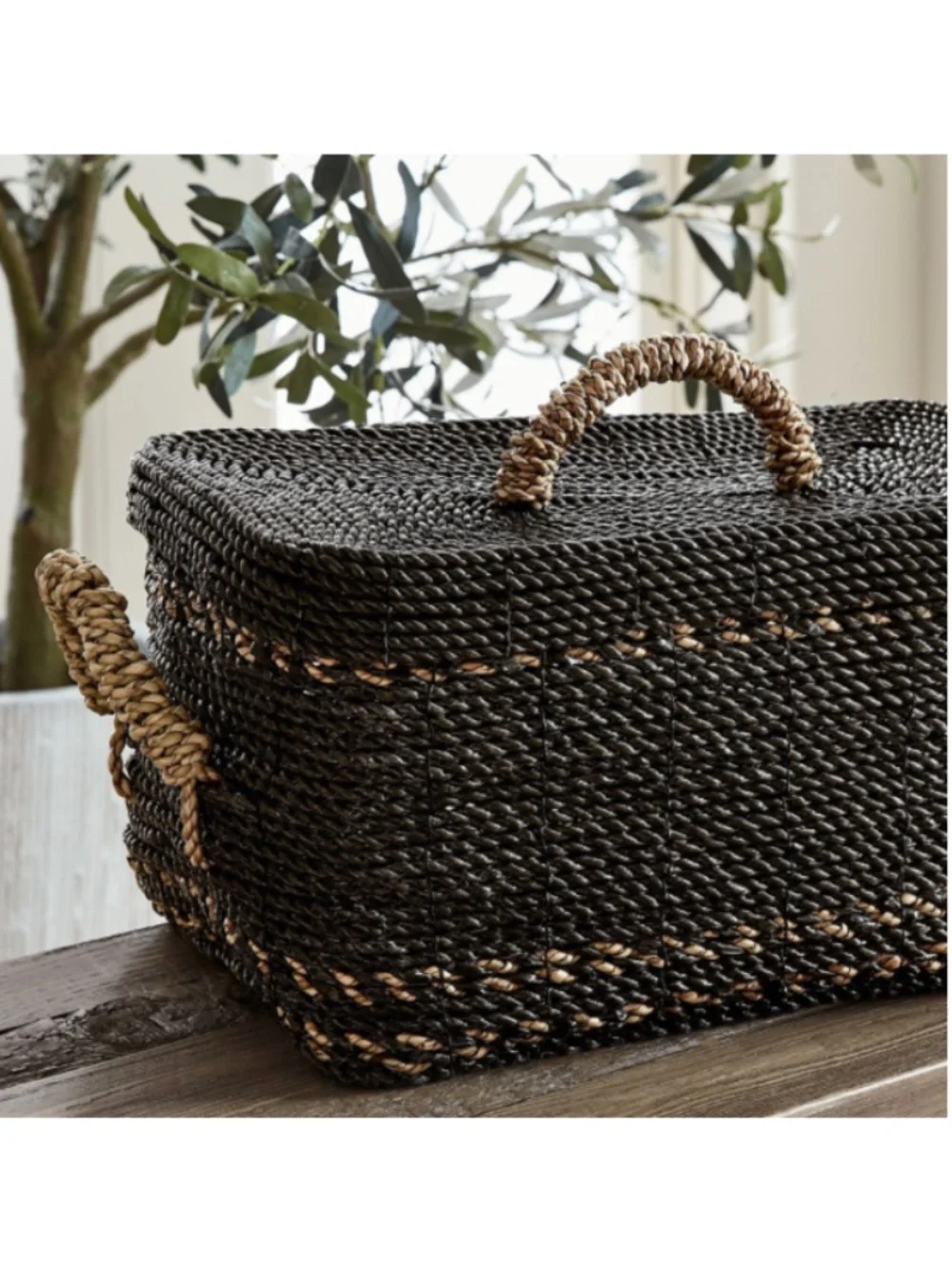 Pottery Barn Set/2 Black Woven Wicker Storage Baskets with Lids